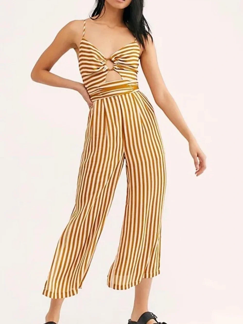Moon River Ettna Mustard Yellow Striped Cutout Front Wide-Leg Jumpsuit NEW Small